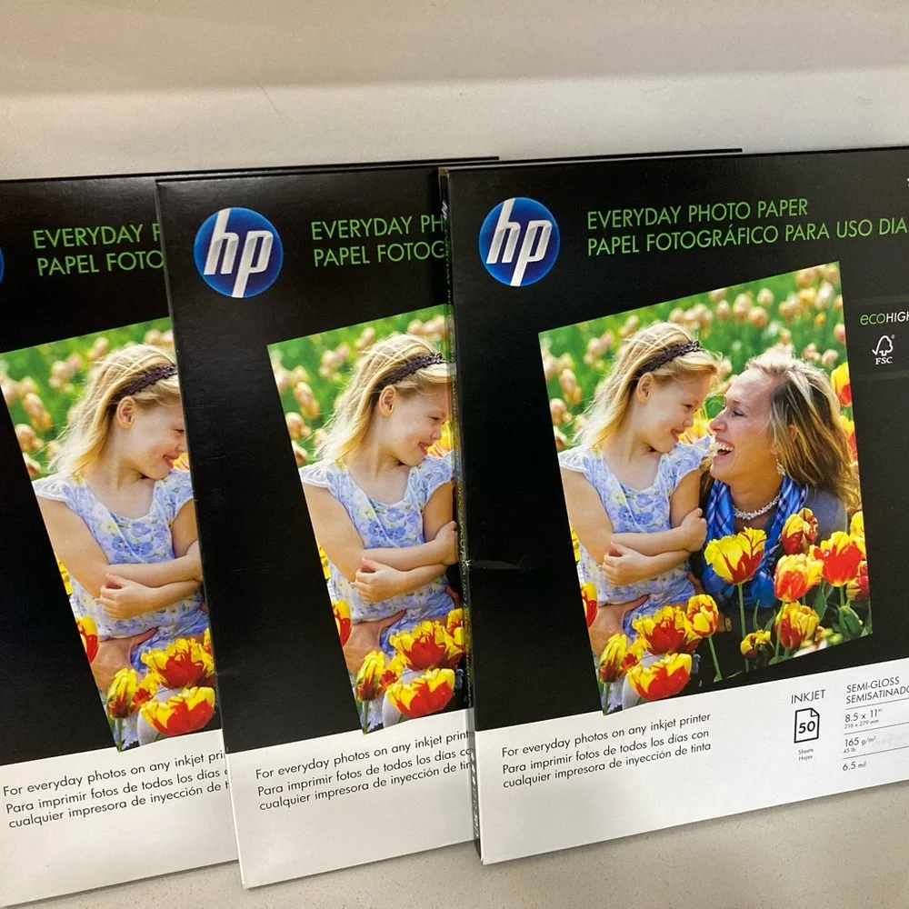 hp Everyday Photo Paper 50 semi-gloss 8.5” x 11” sheets. Three boxes total!